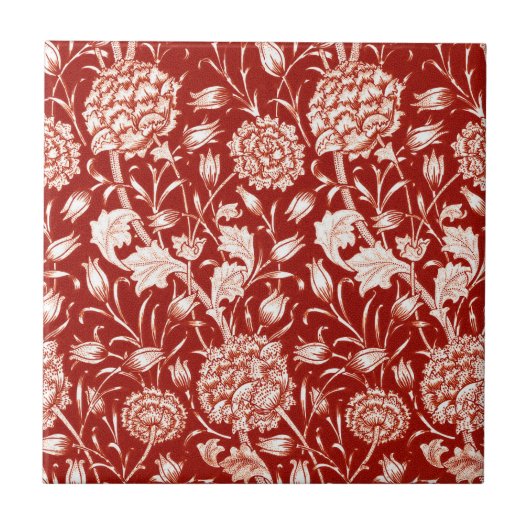 Anjerprint van William Morris, diep rood en wit Tegeltje (Voorkant)