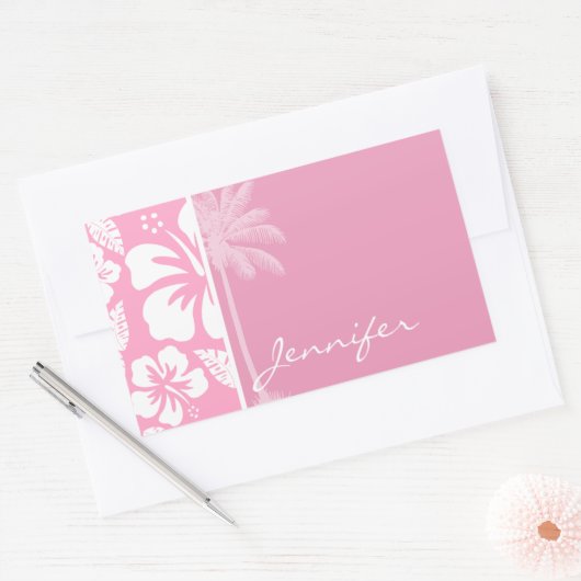 anjerroze tropische hibiscus; zomerpalm rechthoekige sticker (Envelop)