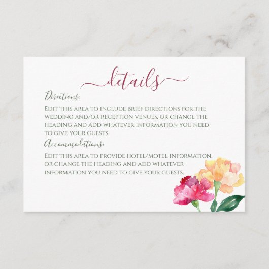 Anjers & Vergeet me Nots Bruiloft Details Informatiekaartje (Voorkant)