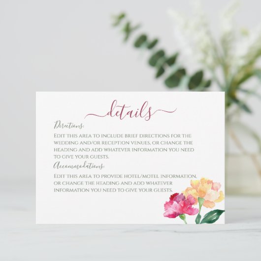 Anjers & Vergeet me Nots Bruiloft Details Informatiekaartje (Staand voorkant)