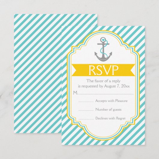 Anker aqua, gele nautische bruiloft RSVP (Voorkant / Achterkant)