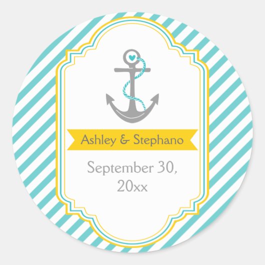 Anker aqua, gele nautische bruiloft Save the Date Ronde Sticker (Voorkant)