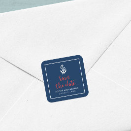 Anker Blauw en Rode Schrift Save the Date Vierkante Sticker