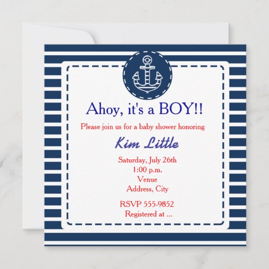 Anker Blauw Gestreepte Baby Shower Kaart (Voorkant)
