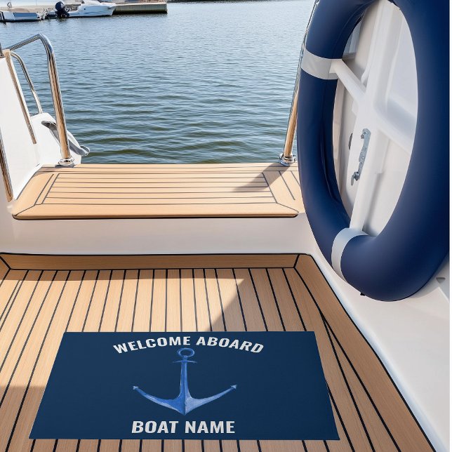 Anker Blauw Rustieke Boot Naam Deurmat (Custom Boat Name Nautical Doormat with watercolor blue anchor)