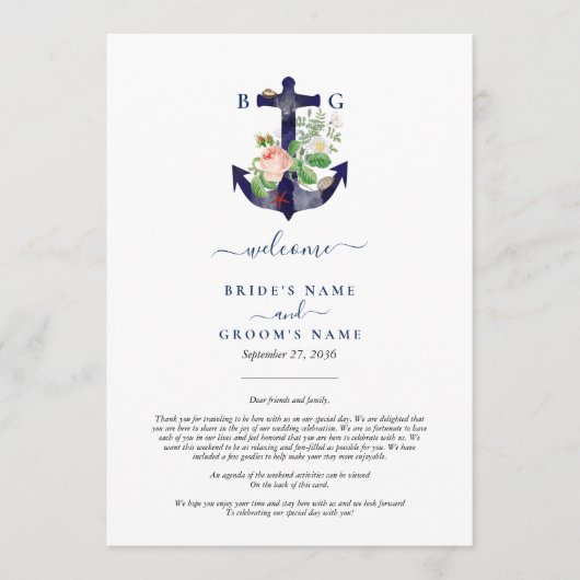 Anker Bloemen Nautische Zomer Bruiloft Route Programmakaart (Voorkant)