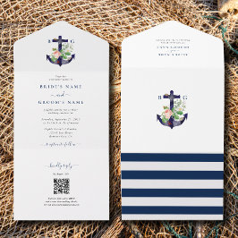 Anker Botanische Bloemen Nautische Zomer Bruiloft All In One Uitnodiging