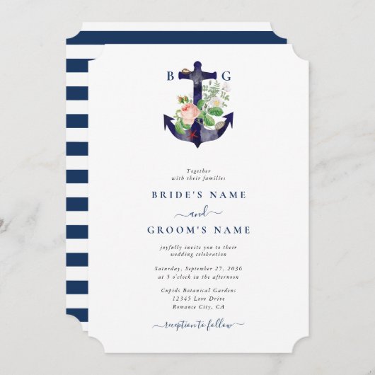 Anker Botanische Bloemen Nautische Zomer Bruiloft Kaart (Voorkant / Achterkant)