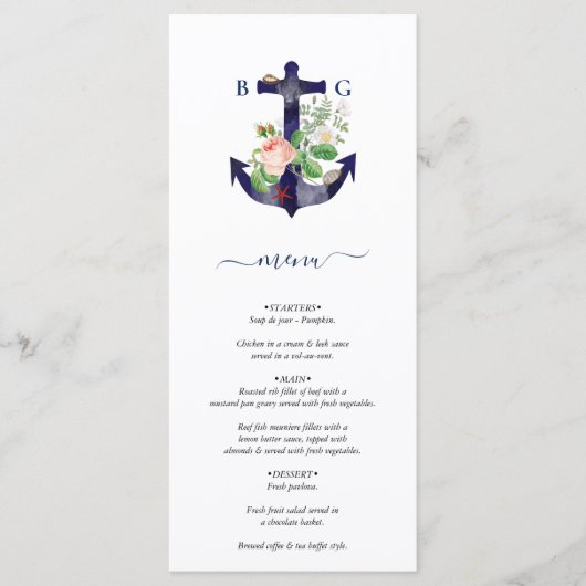 Anker Botanische Bloemen Nautische Zomer Bruiloft Menu (Voorkant)