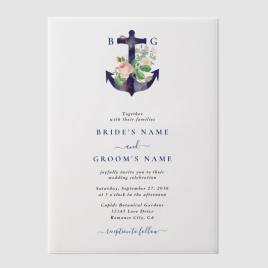Anker Botanische Bloemen Nautische Zomer Bruiloft Vellum Uitnodigingen (Voorkant)
