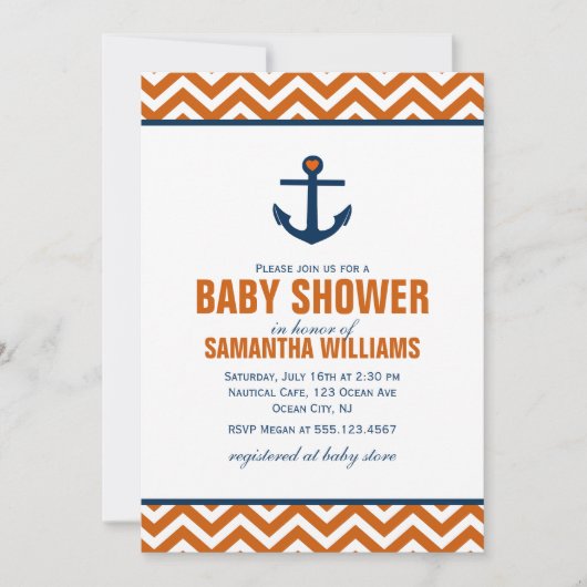 Anker & Chevrons Nautisch Baby shower {tangerine} Kaart (Voorkant)