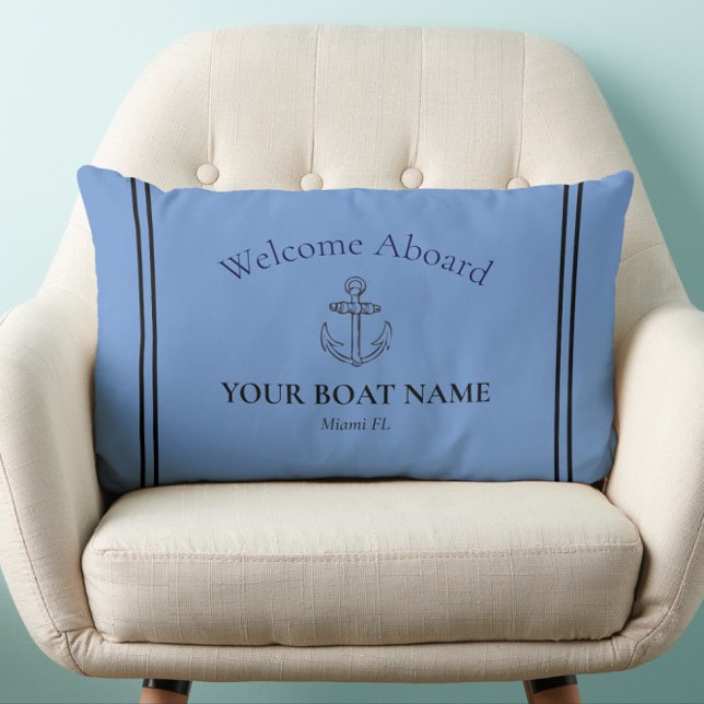 Anker en Bootnaam Korenbloem Blauw Nautisch Kussen (Personalized Nautical Lumbar Pillow with Your Boat Name and Home Port in Cornflower Blue)