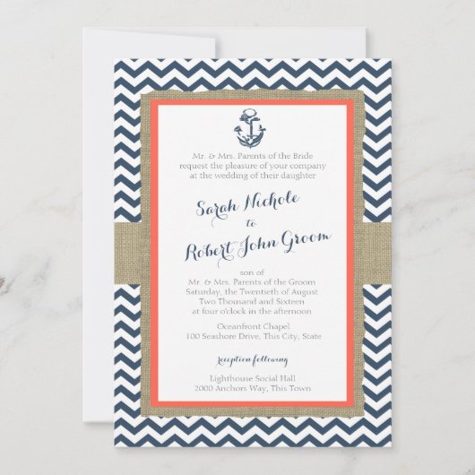 Anker en Chevron Coral Blue Rustic Wedding Kaart (Voorkant)