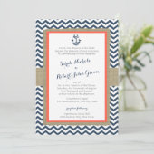 Anker en Chevron Coral Blue Rustic Wedding Kaart (Staand voorkant)