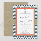 Anker en Chevron Coral Blue Rustic Wedding Kaart (Voorkant / Achterkant)