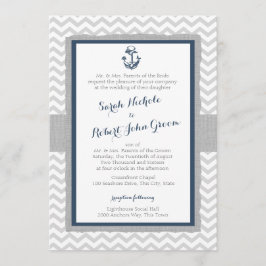 Anker en Chevron Navy Blauw en Grijs Bruiloft Kaart