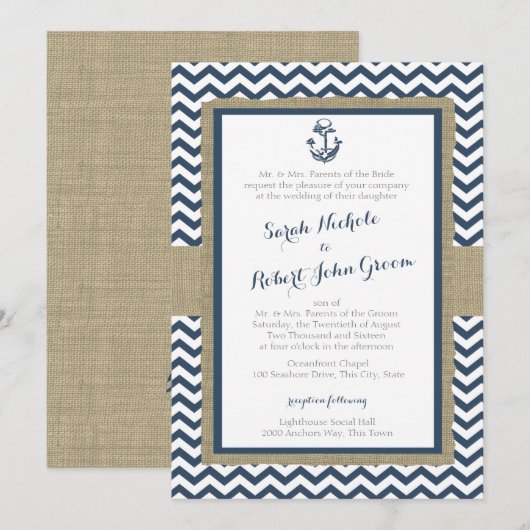Anker en Chevron Navy Blue Rustieke bruiloft Kaart (Voorkant / Achterkant)