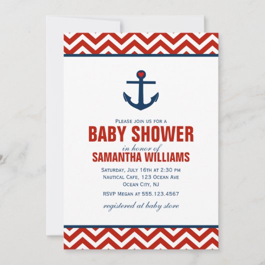 Anker en Chevrons Nautisch Baby shower {rood} Kaart (Voorkant)