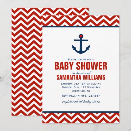 Anker en Chevrons Nautisch Baby shower {rood} Kaart (Voorkant / Achterkant)