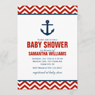 Anker en Chevrons Nautisch Baby shower {rood} Kaart