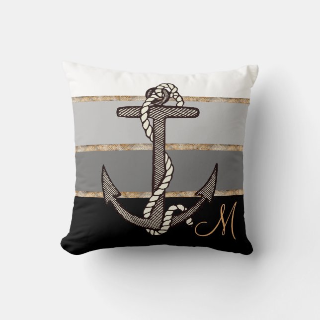 Anker en helling (zwarte gradiënt w/ monogram) kussen (Voorkant)