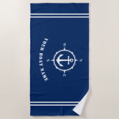 Anker en Kompas met Bootnaam Marine Blauw Strandlaken (Voorkant)