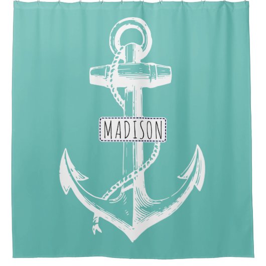  anker en naam op licht blauwgroen nautisch douchegordijn (Voorkant)
