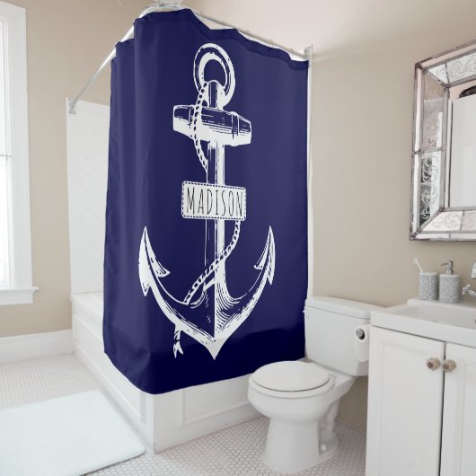  anker en naam op marineblauw douchegordijn (In situ)