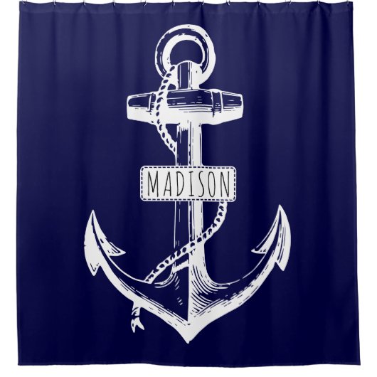  anker en naam op marineblauw douchegordijn (Voorkant)