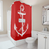  anker en naam op rood nautisch douchegordijn (In situ)