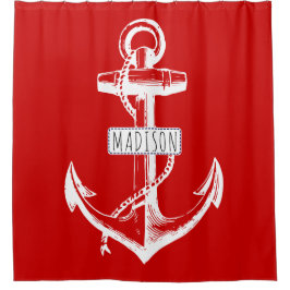  anker en naam op rood nautisch douchegordijn