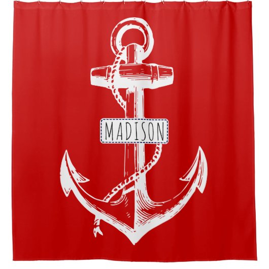  anker en naam op rood nautisch douchegordijn (Voorkant)