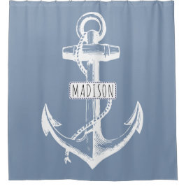  anker en naam op stoffige blauwe nautische douchegordijn