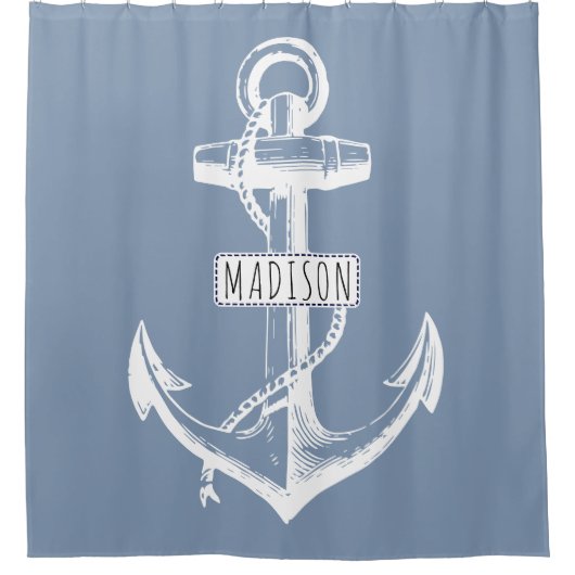  anker en naam op stoffige blauwe nautische douchegordijn (Voorkant)