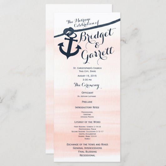 Anker en Touw Blush Navy Wedding Programma Programmakaart (Voorkant / Achterkant)