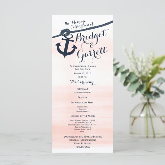 Anker en Touw Blush Navy Wedding Programma Programmakaart (Staand voorkant)
