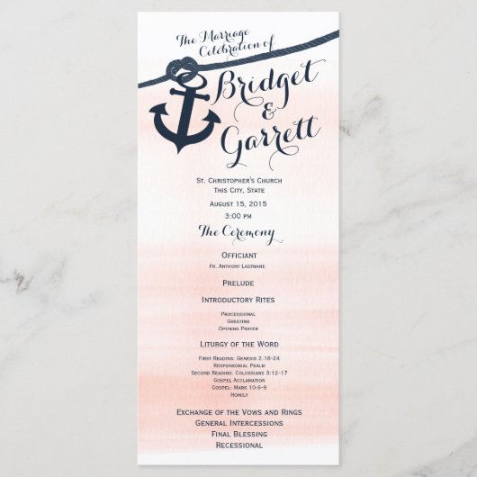 Anker en Touw Blush Navy Wedding Programma Programmakaart (Voorkant)