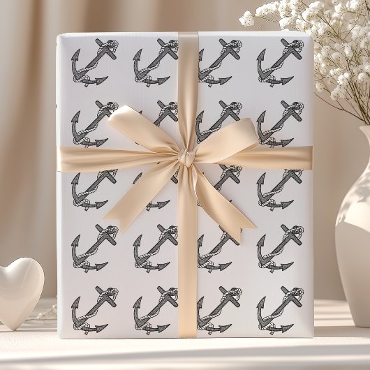 Anker en Touw in Zwart-Wit Vintage Stijl Cadeaupapier