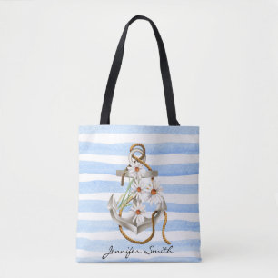 Anker en wit daisy boeket op blauwe streep tote bag