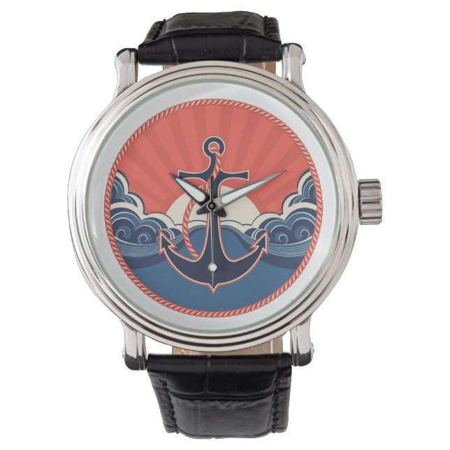 Anker en Zee golven patroon Horloge (Voorkant)