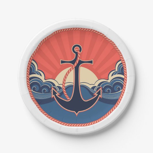 Anker en Zee golven patroon Papieren Bordje (Voorkant)