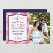 Anker Foto Opslaan Trouwdatum Kaart Navy en Roze (Voorkant / Achterkant)