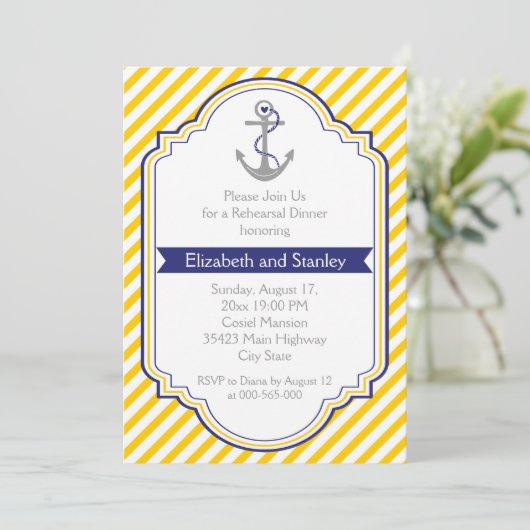 Anker geel nautische bruiloft repetitie diner kaart (Staand voorkant)