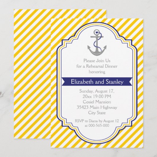 Anker geel nautische bruiloft repetitie diner kaart (Voorkant / Achterkant)