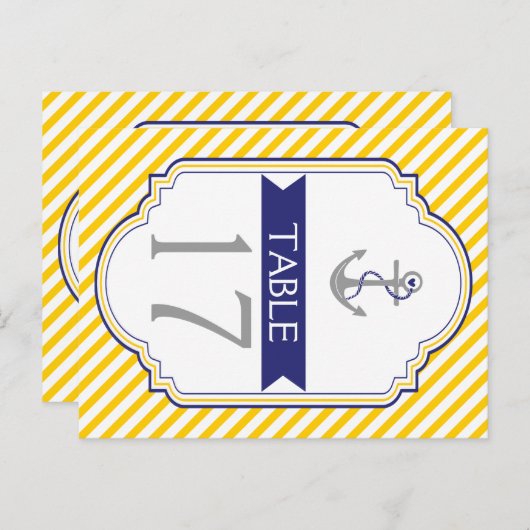 Anker geel, wit nautische bruiloft tafel nummer briefkaart (Voorkant / Achterkant)