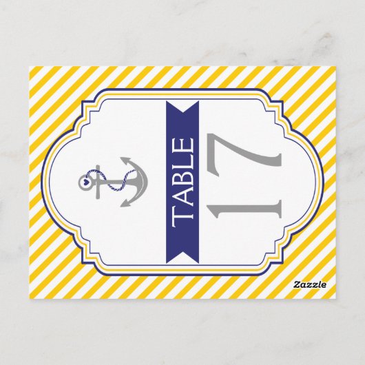 Anker geel, wit nautische bruiloft tafel nummer briefkaart (Achterkant)