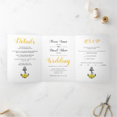 anker gele bloemen nautisch huwelijk drieluik uitnodiging (Binnen)