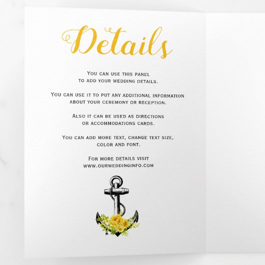 anker gele bloemen nautisch huwelijk drieluik uitnodiging (Binnenzijde eerst)