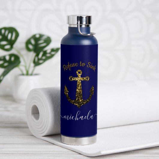 Anker Goud glinstert navyblauw Aangepaste naam tek Waterfles (Yoga)