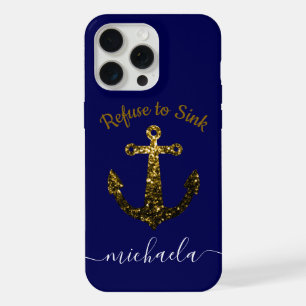 Anker Goud namaak glitters marineblauwe Monogram n iPhone 15 Pro Max Case